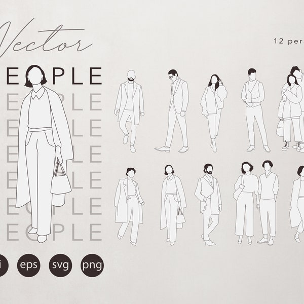 Flat Vector People Illustration - Dessin au trait - Clipart People 10 Illustration - 12 personnes - découpe