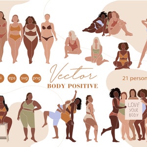 May include: A digital illustration of 21 women in various poses, celebrating body positivity. The women are depicted in different skin tones and body types, wearing a variety of clothing, including swimsuits, lingerie, and casual wear. The illustration features the text "Love Your Body" on a sign held by four women.