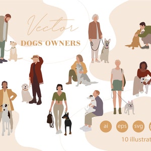 Könnte beinhalten: Vektorillustration von 10 Personen, die mit ihren Hunden spazieren gehen. Die Personen sind alle verschiedenen Alters und verschiedener Rassen, und die Hunde sind alle verschiedener Rassen. Die Illustration ist im minimalistischen Stil gehalten, mit einfachen Linien und Farben. Der Text "Vector Dogs Owners" befindet sich oben im Bild.