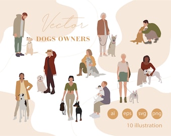 Flat Vector People Illustration - dogs owners 10 Illustration - 10 person