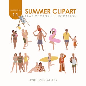 Zomer clipart mensen | Platte vector strandvakantie graphics (png, svg, ai, eps)