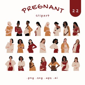 May include: A digital illustration featuring 22 stylized images of pregnant people in various poses and outfits. The word "PREGNANT" is written in a burgundy script above the images. The image includes the text "Clipart" and file type extensions.