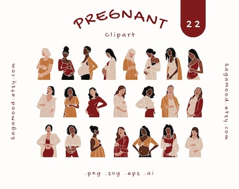 Clipart de mujeres embarazadas: 22 ilustraciones diversas sin rostro / PNG SVG EPS / Arte vectorial plano de embarazo