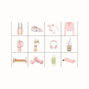 May include: A grid of illustrations featuring fitness and wellness items. Includes pink dumbbells, a yoga mat, a water bottle, a smoothie, headphones, a pink bow, a wrap top, and running shoes. The illustrations are in a soft, pastel color palette.