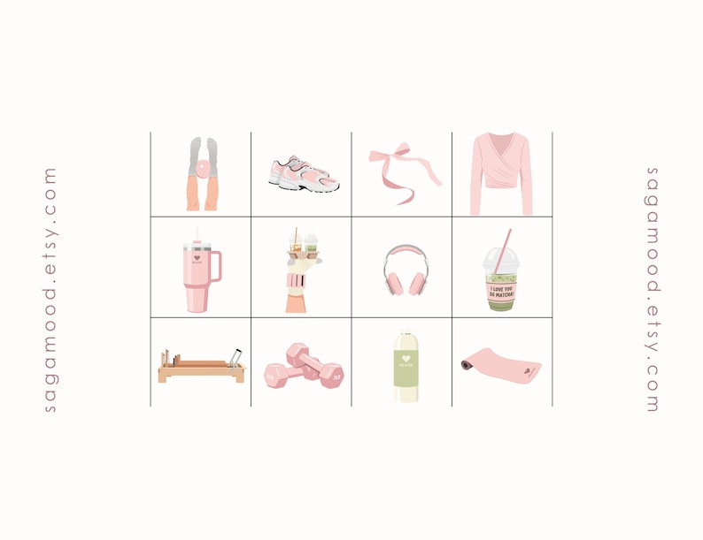 May include: A grid of illustrations featuring fitness and wellness items. Includes pink dumbbells, a yoga mat, a water bottle, a smoothie, headphones, a pink bow, a wrap top, and running shoes. The illustrations are in a soft, pastel color palette.