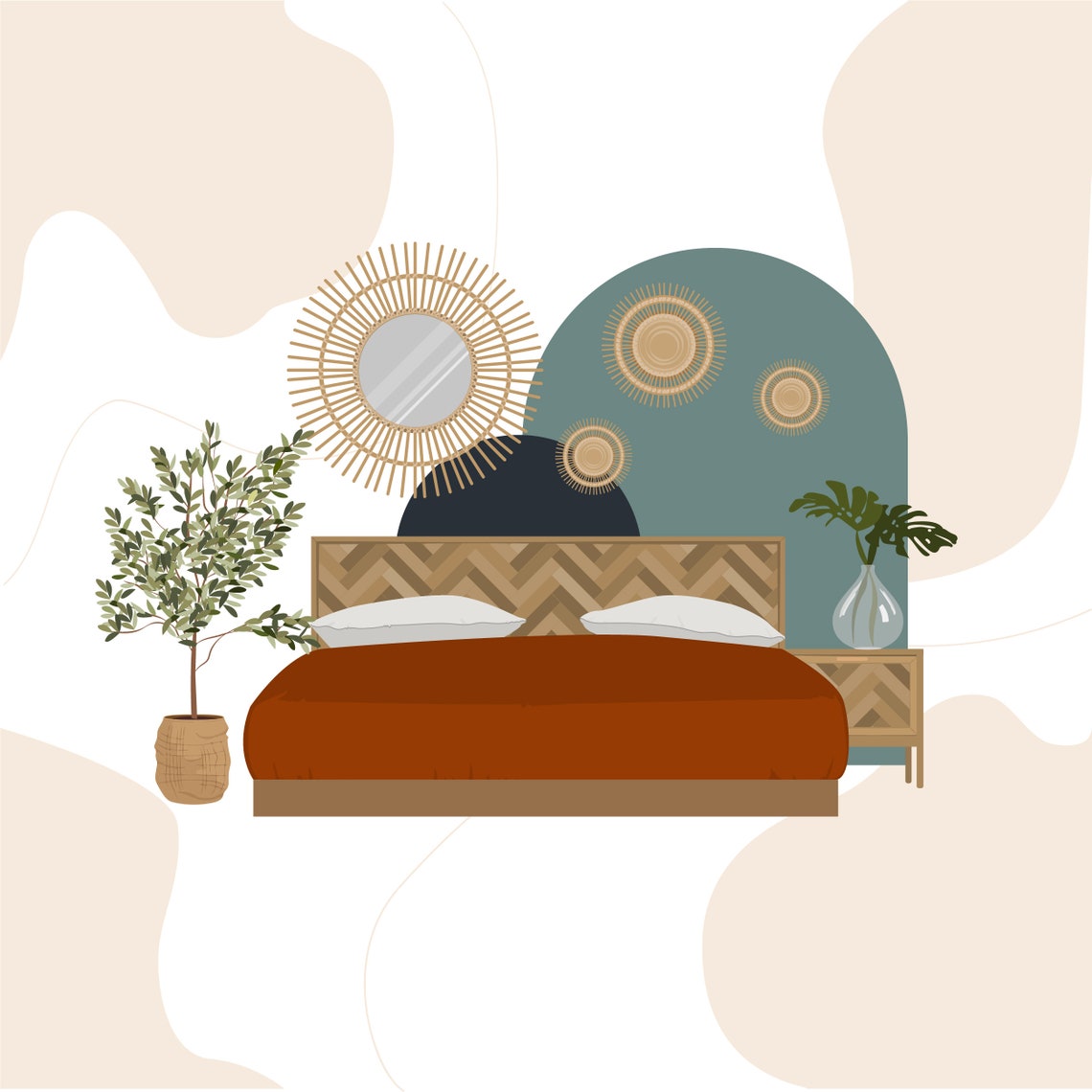 Flat Vector Boho Home Decor Clipart Bohemian Interior Clipart Furniture