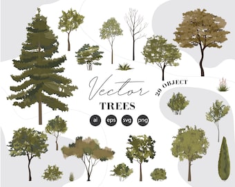 May include: A set of 20 vector illustrations of trees in various styles and colors. The trees are isolated on a white background and are perfect for use in design projects.