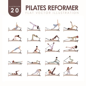Może przedstawiać: Ilustracja ćwiczeń na reformerze Pilates. Obraz przedstawia kolekcję płaskich ilustracji wektorowych przedstawiających różne pozy wykonywane na maszynie do reformera Pilates. Tekst "PILATES REFORMER FLAT VECTOR ILLUSTRATION" jest wyświetlany u góry.