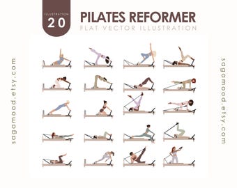 Pilates Reformer Clipart | Flat Vector Women Exercising | Faceless Pilates Poses | Fitness & Wellness Illustration Set PNG SVG