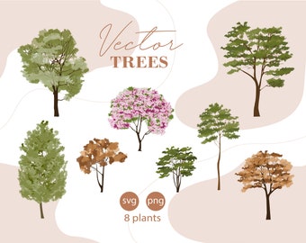 May include: A set of eight vector illustrations of trees in various styles, including a pink flowering tree, a brown tree with fall foliage, and a green pine tree. The illustrations are labeled "Vector Trees" and "8 plants".