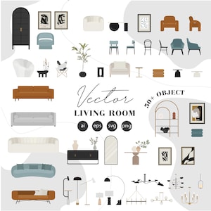 Clipart de muebles y decoración - Flat Vector Living room Home Decor Clipart / clipart interior - elementos de decoración interior - 50+ Ilustración