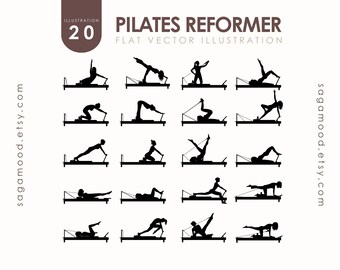 Pilates Reformer Silhouette Clipart | 20 Workout Exercise Poses | Fitness PNG SVG Ai EPS