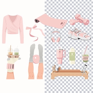 May include: An illustration of fitness and wellness items in shades of pink and white. Includes a wrap top, yoga mat, dumbbells, sneakers, headphones, water bottles, a Pilates reformer, and a drink with the text "I love you so matcha."
