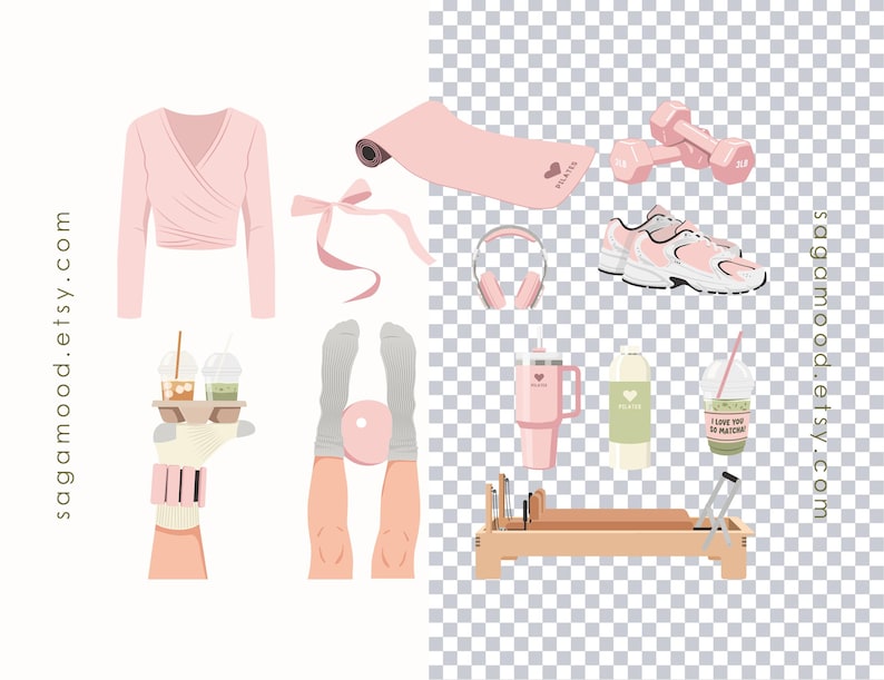 May include: An illustration of fitness and wellness items in shades of pink and white. Includes a wrap top, yoga mat, dumbbells, sneakers, headphones, water bottles, a Pilates reformer, and a drink with the text "I love you so matcha."