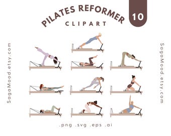 Pilates Reformer Clipart | Flat Vector Women Exercising | Faceless Pilates Poses | Fitness & Wellness Illustration Set PNG SVG