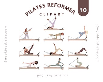 Pilates Reformer Clipart | Flat Vector Women Exercising | Faceless Pilates Poses | Fitness & Wellness Illustration Set PNG SVG