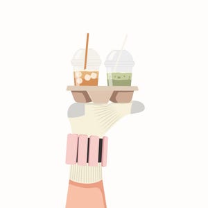 May include: Illustration of a hand holding a tray with two iced drinks. One drink is amber-colored with a brown straw, the other is green with a white straw. The hand is wearing a pink bracelet and a beige and gray sleeve. The text "sagamood.etsy.com" is on both sides.