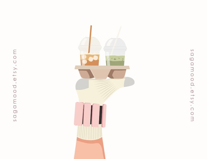 May include: Illustration of a hand holding a tray with two iced drinks. One drink is amber-colored with a brown straw, the other is green with a white straw. The hand is wearing a pink bracelet and a beige and gray sleeve. The text "sagamood.etsy.com" is on both sides.