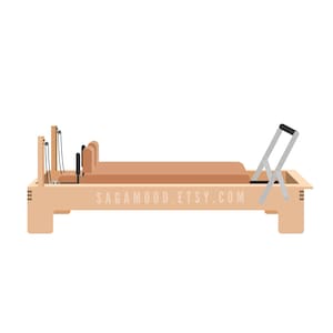 May include: A light brown Pilates reformer with black and silver accents. The illustration features the text "sagamood.etsy.com" on the machine and on the sides. The reformer has a padded bed, ropes, and a foot bar.