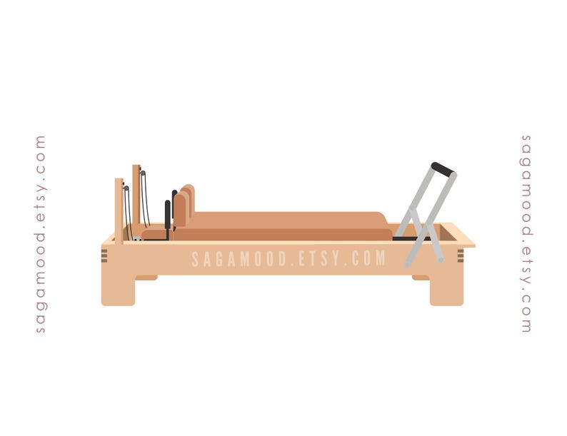 May include: A light brown Pilates reformer with black and silver accents. The illustration features the text "sagamood.etsy.com" on the machine and on the sides. The reformer has a padded bed, ropes, and a foot bar.