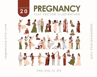 Pregnancy Clipart Bundle | 30 Maternity Women and Couples Illustrations | Flat Vector Faceless Art PNG SVG Ai EPS