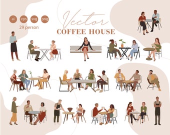 Flat Vector People Illustration - Clipart 29 Personen - Kaffeehaus - Cafe - Restaurant + Möbel