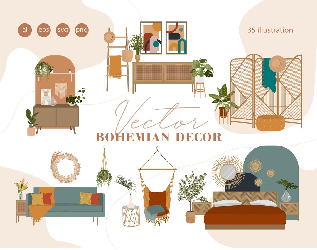 Boho Home Decor Clipart | 35+ Vector Interior Illustrations (digital ...