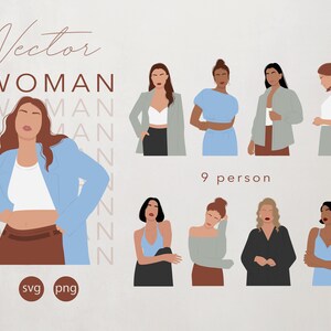 May include: Nine digital illustrations of women in various poses and outfits. The women are wearing a variety of clothing, including blazers, dresses, and tops. The illustrations are in a minimalist style with flat colors and simple lines.