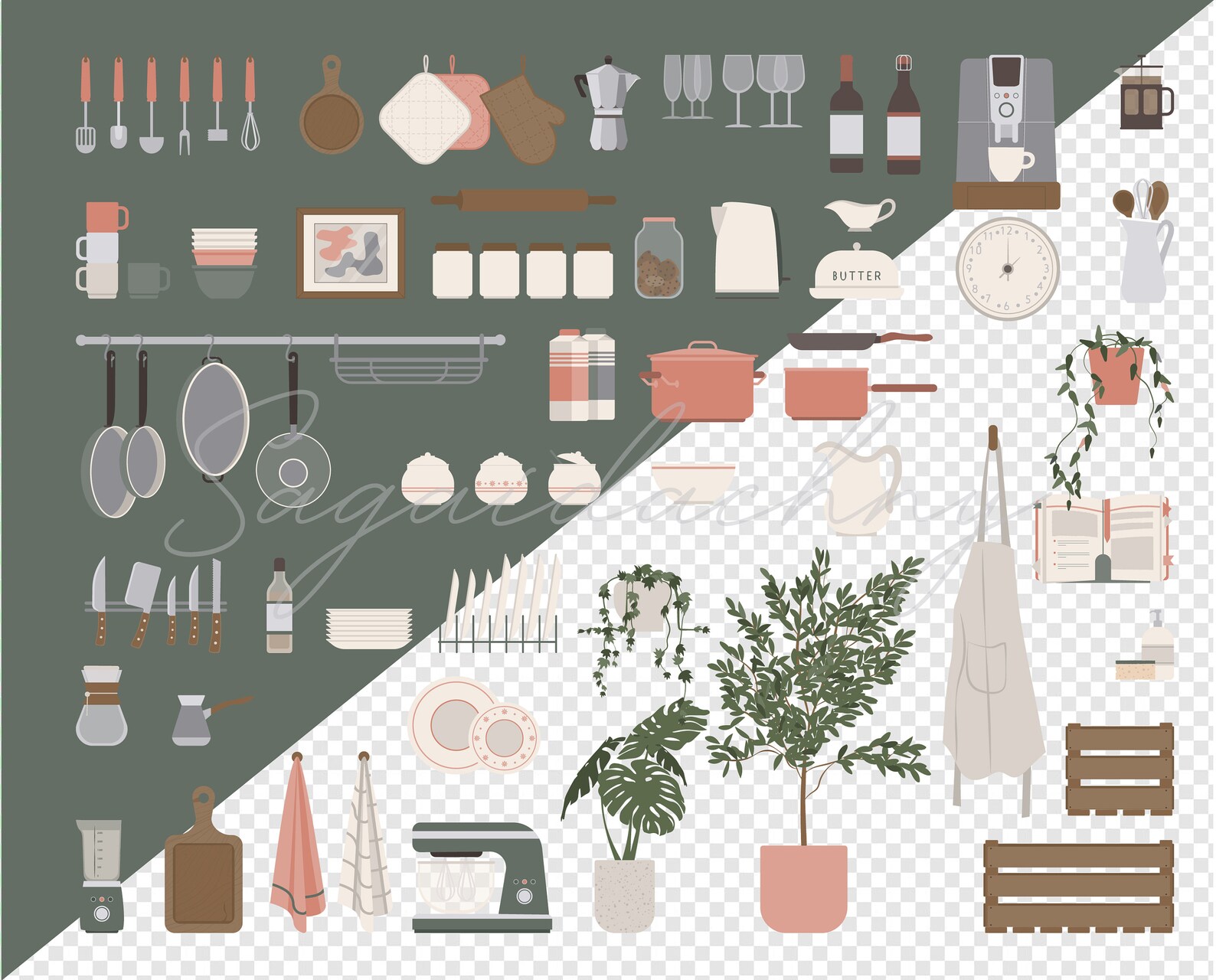 Flat Vector Illustration Kitchen Utensils Kitchen Clip Art Set Ai PNG ...