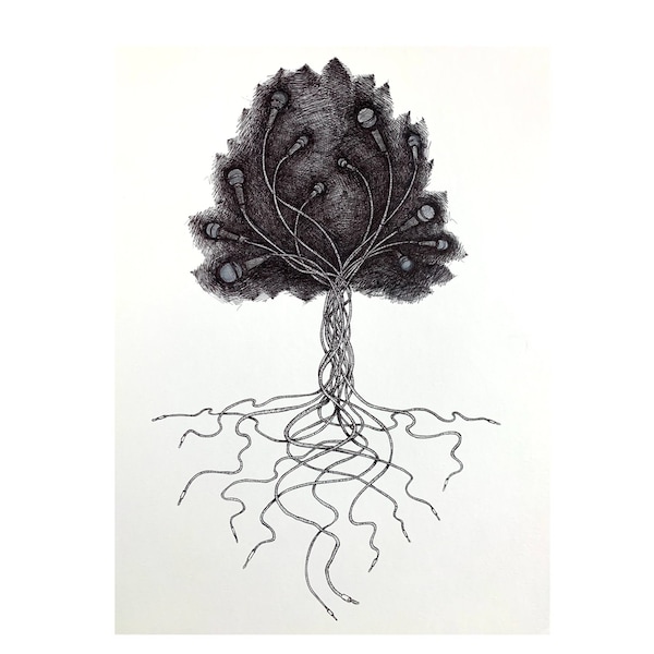 Pen and Ink Arboresque Print. Microphone Tree Roots Art. Music Themed Artwork. Music Print. Music Lovers Illustration. Music Studio Art