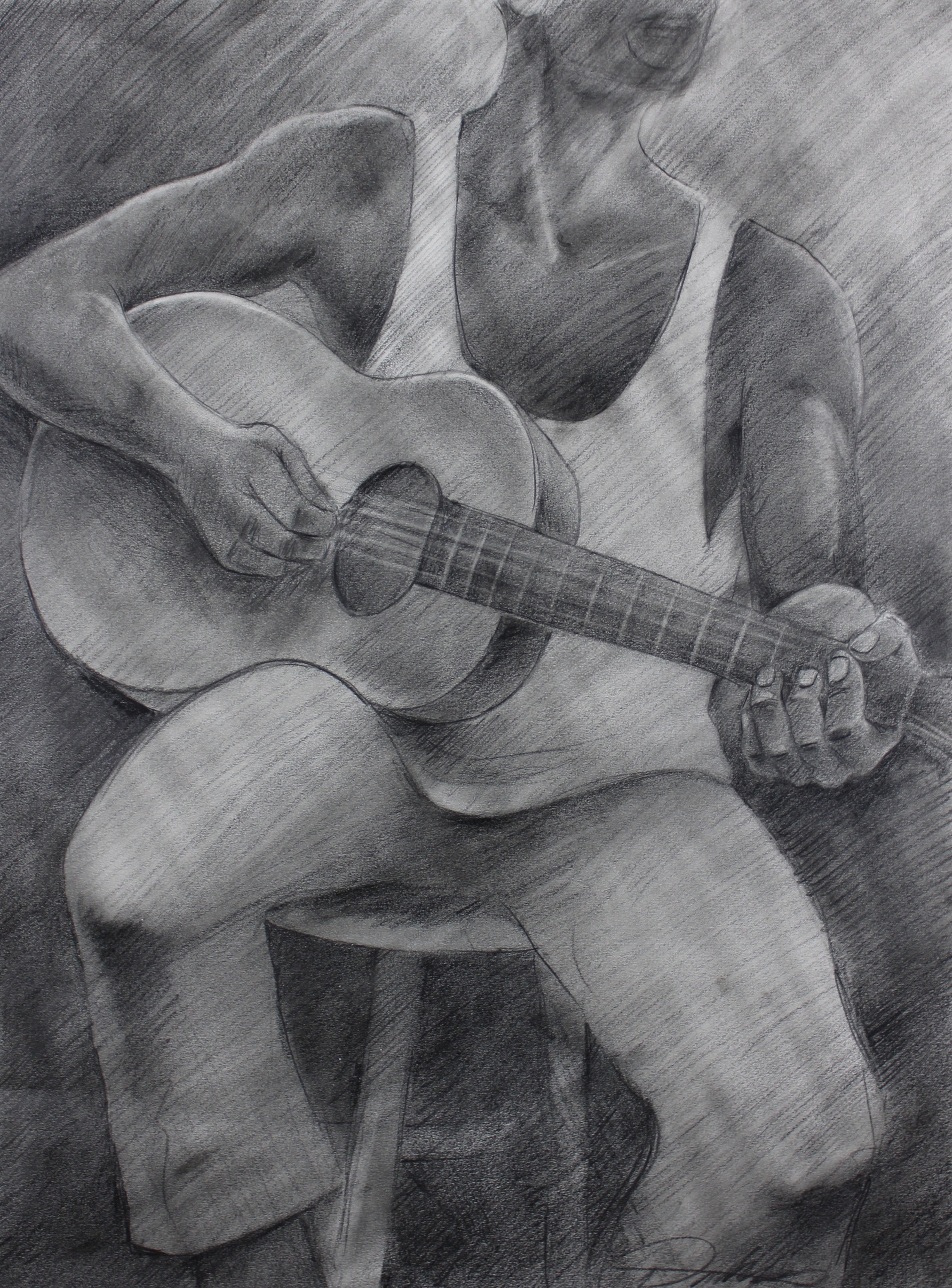 Guitar player on black. figurative romantic original painting