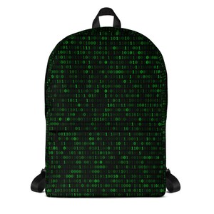 K&ouml;nnte beinhalten: Ein schwarzer Rucksack mit einem gr&uuml;nen Bin&auml;rcode-Muster auf der gesamten Oberfl&auml;che.