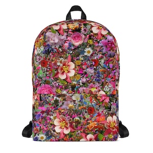 Floral Print Backpack, Water-Resistant Polyester Bookbag