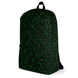 K&ouml;nnte beinhalten: Ein schwarzer Rucksack mit einem gr&uuml;nen Bin&auml;rcode-Muster. Der Code besteht aus 0en und 1en.