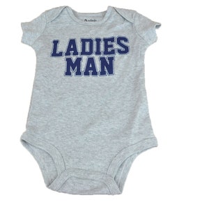 Ladies Man Authentic Baby Spencer Novelty Fashion Bodysuit Onesie Screen Stitched Gray Blue