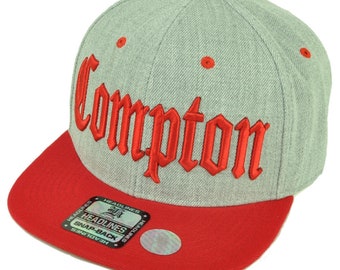 City Compton Cali Los Angeles Snapback Flat Bill Brim Hat Cap Heather Gray Red