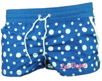 Las Vegas Tropical Polka Dots Womens Board Swim Shorts Blue White Elastic Waist
