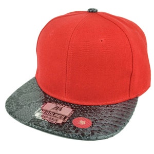 Red Blank Plain Solid Panel Faux Black Snake Skin Flat Visor Snapback Hat Cap