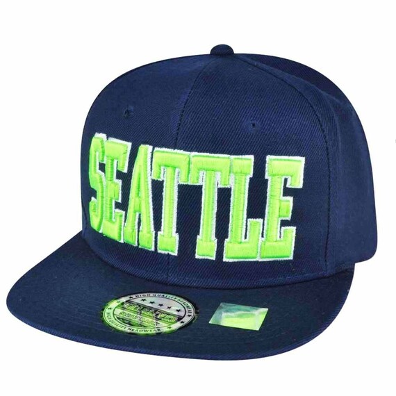 Seattle Washington Solid Tone Blue Snapback Navy Flat Bill Hat Cap