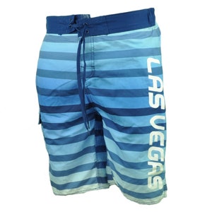 Las Vegas NV Sin City of Lights Striped Blue Board Swim Shorts Mens Elastic Wai