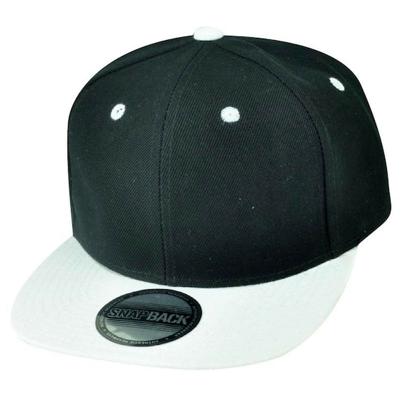 Blank Plain Two Tone Black White Adjustable Snapback Flat Bill Acrylic Hat  Cap