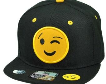 Emoji Winking Face Emoticons Text Symbol Snapback Hat Cap Flat Bill Black Yellow