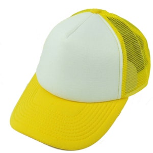 Yellow White Bank Plain Foam Panel Mesh Trucker Snapback Curved Bill Hat Cap