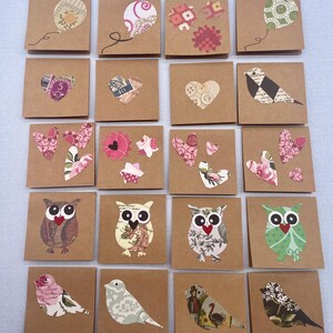 May include: A collection of twenty square brown kraft paper greeting cards arranged in a grid. Each card features unique collage-style cutouts including patterned balloons, hearts, birds, owls, and floral shapes in various colors and textures.