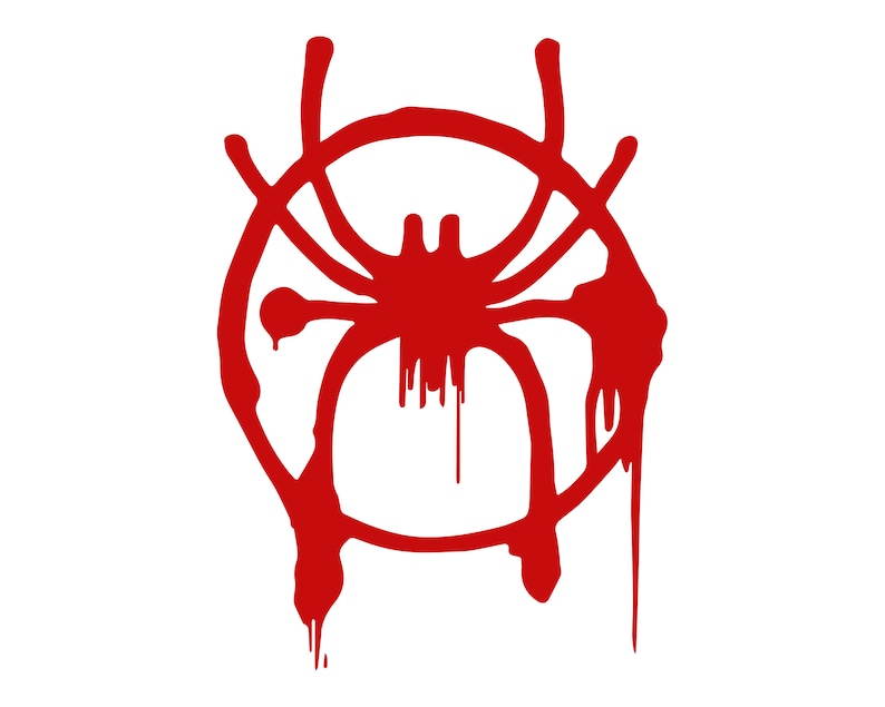 Puede incluir: Un s&iacute;mbolo rojo de Spider-Man con pintura goteando, que se asemeja a una etiqueta de graffiti.