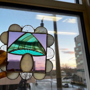 stained glass mushroom suncatcher, boho home decor, mushroom art