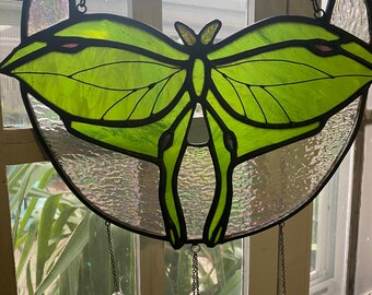 Luna moth crescent moon stained glass suncatcher green iridescent stained glass boho home decor witchy home decor