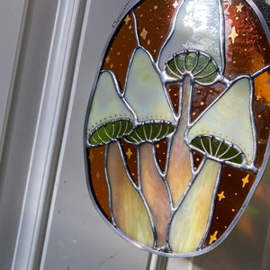 May include: A stained glass window featuring three white mushrooms with green caps and brown stems, set against a brown background with gold stars.