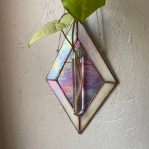 propagation station / stained glass window hanging / white and purple iridescent glass / boho home decor