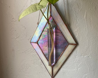 propagation station / stained glass window hanging / white and purple iridescent glass / boho home decor